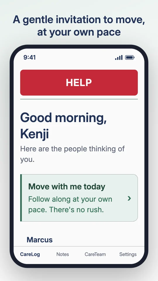 The Get Stronger invitation on the Care Log of a phone: a card reading Move with me today, Follow along at your own pace, There is no rush, captioned A gentle invitation to move, at your own pace.