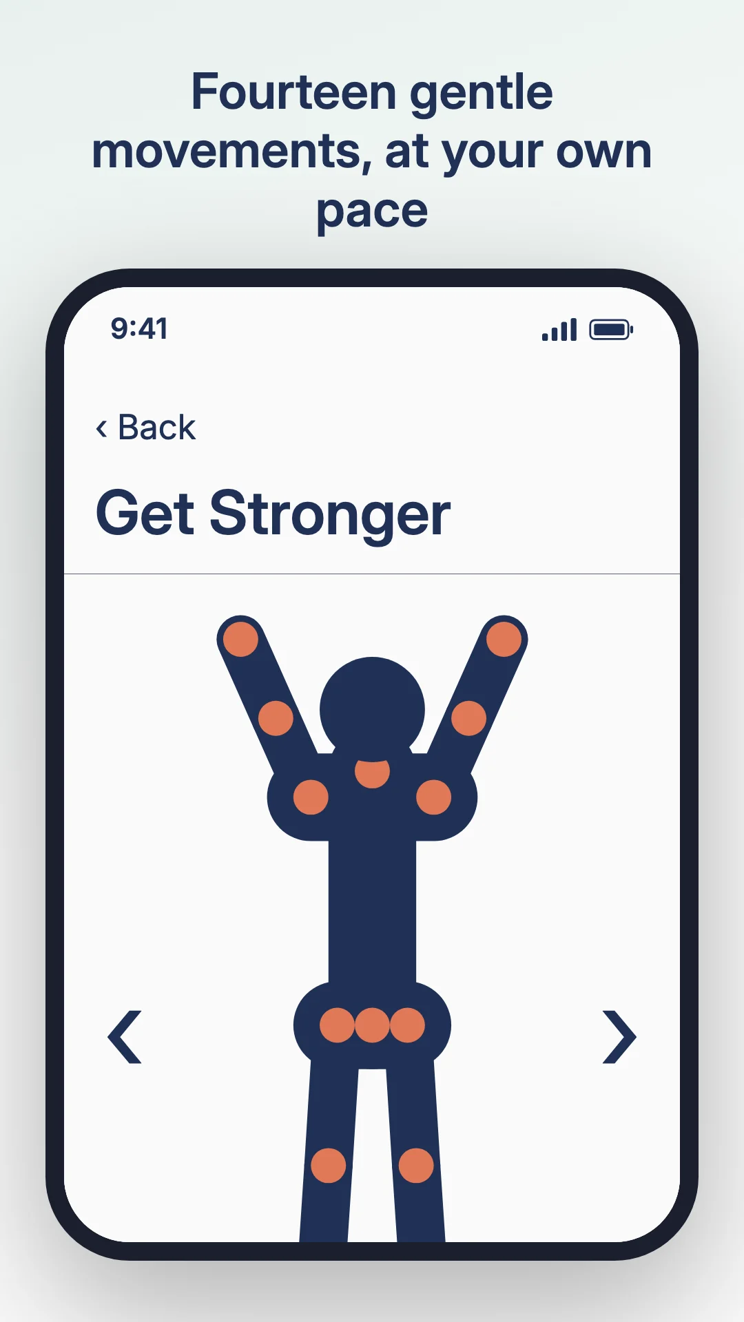 An animated figure raising both arms on the Get Stronger screen