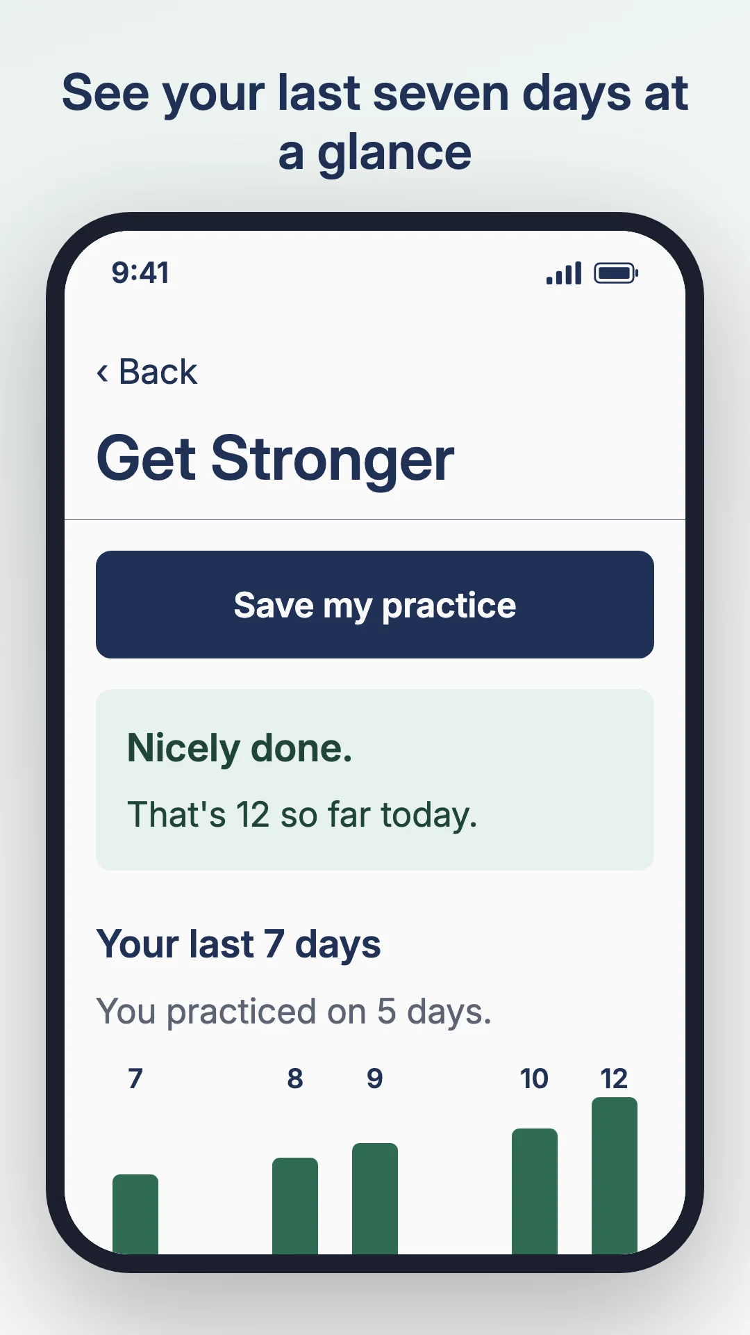 The last seven days on the Get Stronger screen