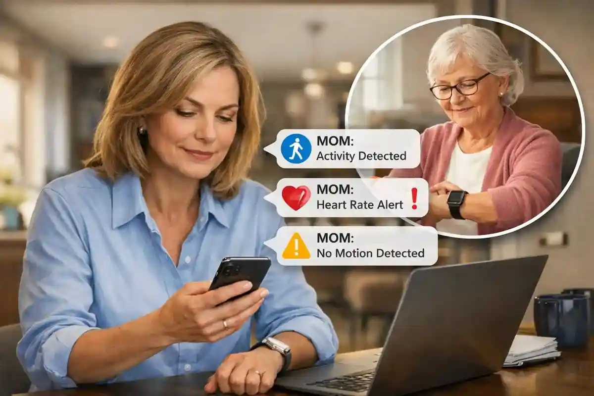 Image of busy middle-age women who is caring for her mother who lives alone in different town