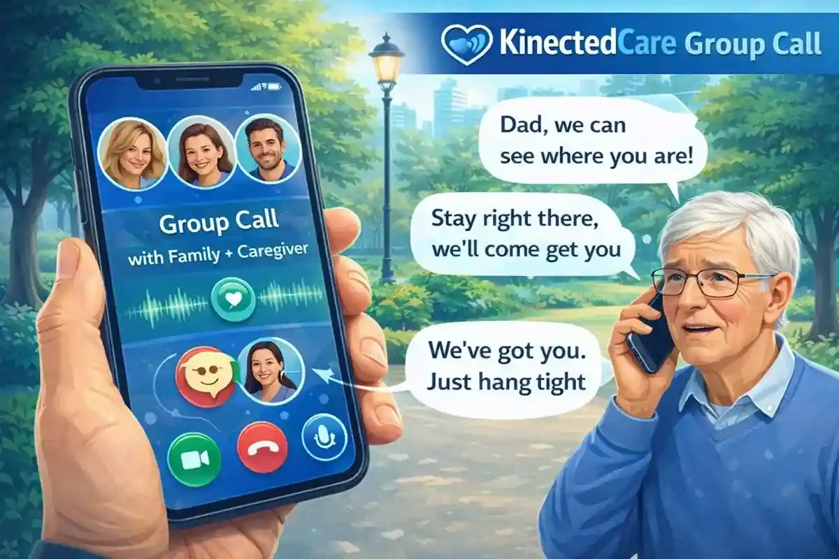 Image of busy middle-age woman caring for her mother who lives alone in a different town