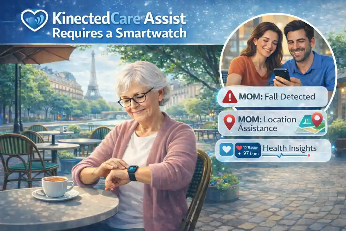 Image of busy middle-age woman caring for her mother who lives alone in a different town