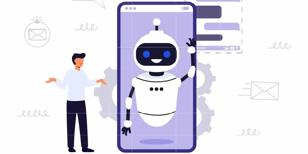 an illustration of a man looking at a digital assistant on an large, stylized smartphone